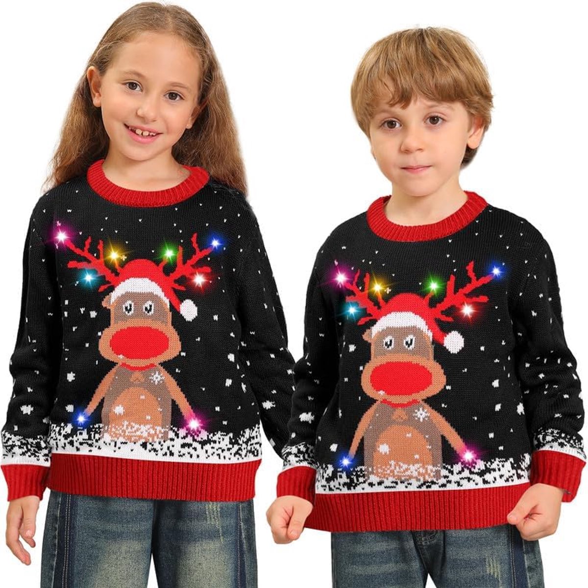 Lelijke kersttrui voor kinderen, Ugly Christmas sweater met ledverlichting, grappige kersttrui met rendiermotief, grappige kersttrui, uniseks, voor meisjes en jongens, zwart