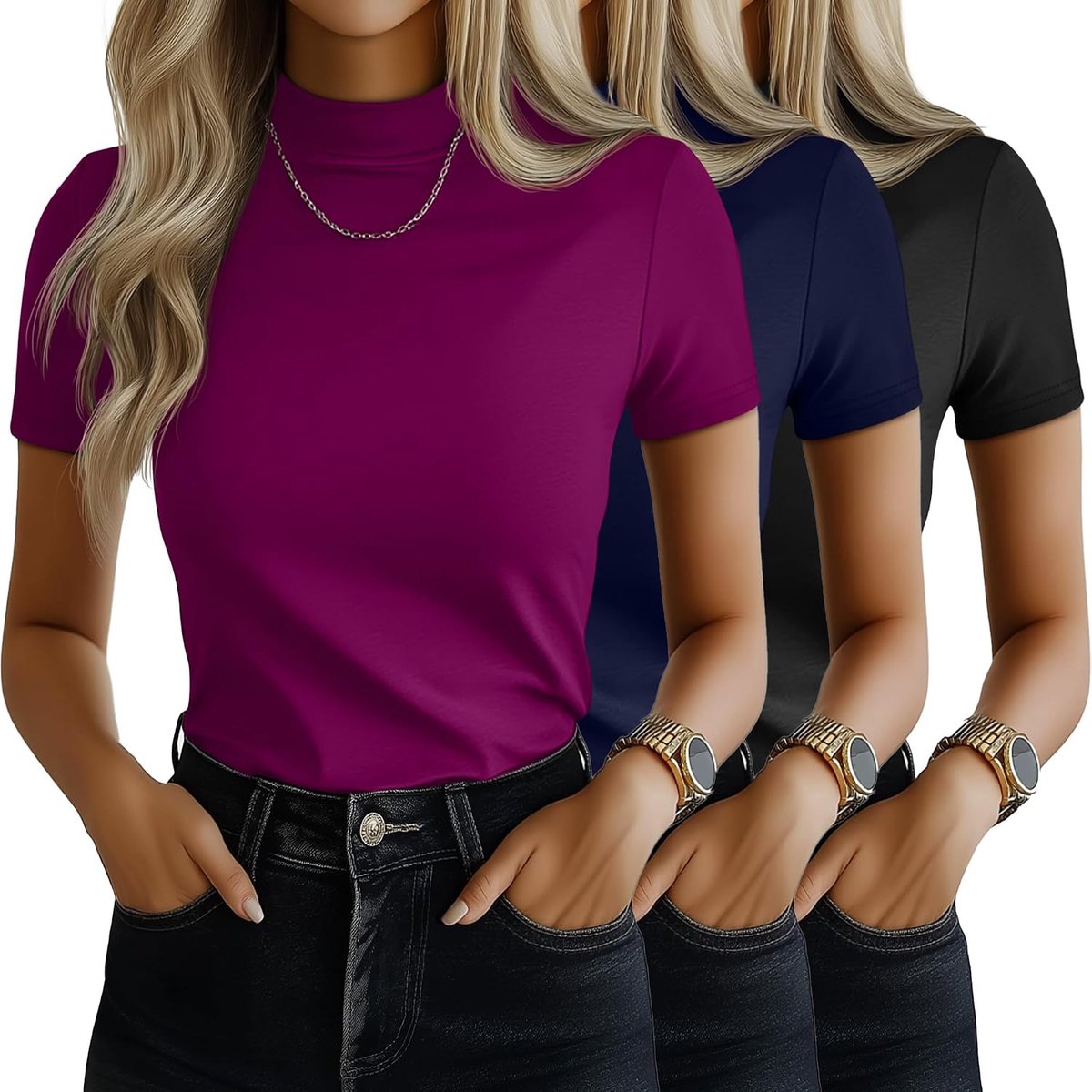T-shirts voor dames, met ronde hals, korte mouwen, coltrui, tops, casual, comfortabel, stretch, pasvorm, trendy T-shirt