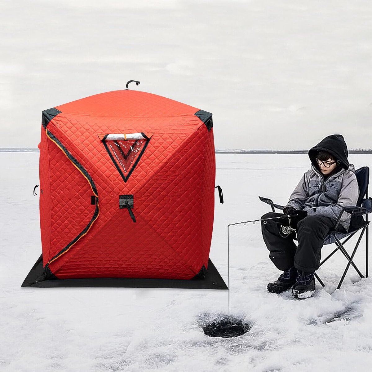 Hengeltent, 210D Oxford-doek en glasvezelstangen voor 1-2 mensen, voor buiten, vierkant, ijsvistent met handtas, wind- en sneeuwbescherming