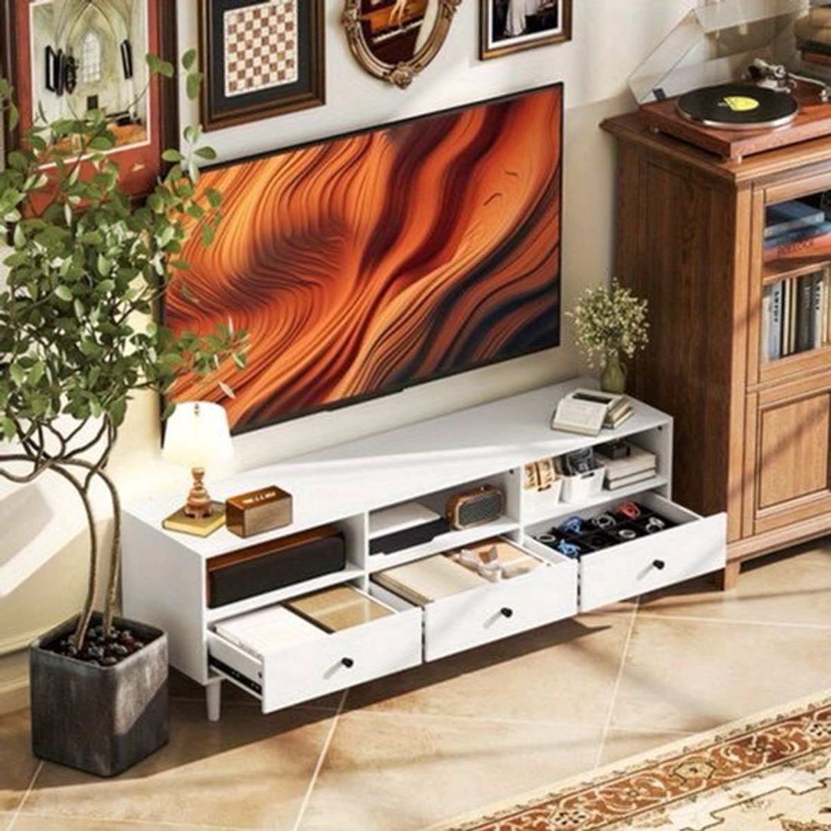 Tv-kast – Tv-meubel – Tv-bord – Lowboard – Tv-tafel – Met 3 Open Vakken en 2 Lades – Kabelmanagement – Geschikt Voor Tv’s Tot 75 Inch – Metaal – 140 Cm Breed