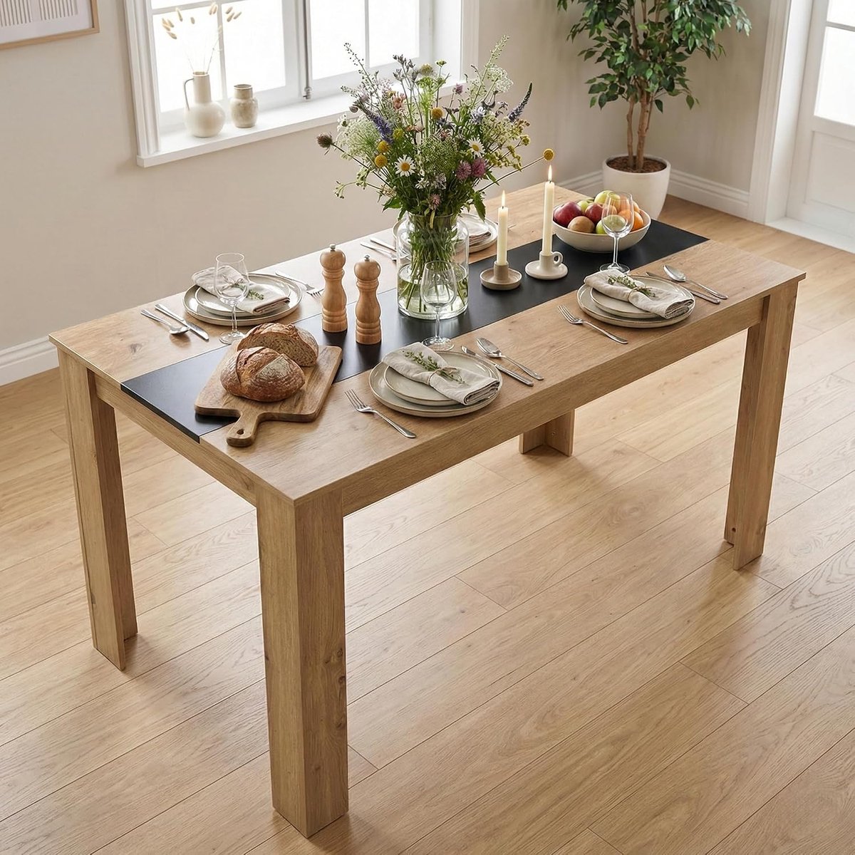 Eettafel van hout 140 x 70 cm, keukentafel, rechthoekige eetkamertafel voor 4 personen, moderne houten tafel voor eetkamer, woonkamer, eikenkleur + zwart