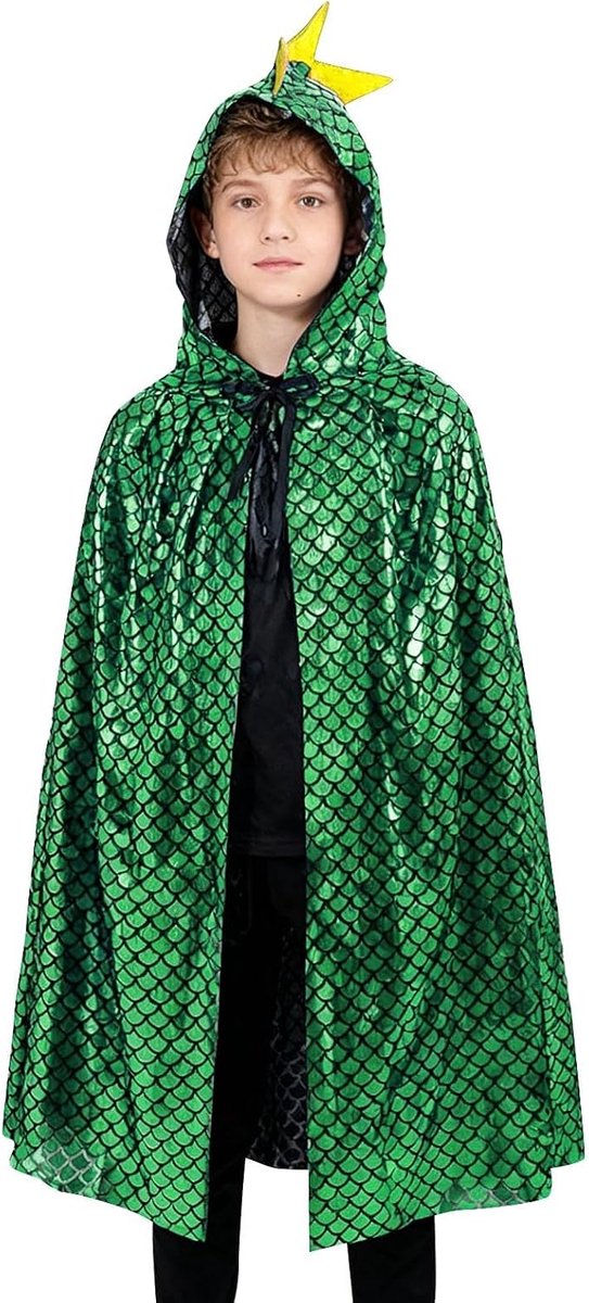 Dinosaurus cape voor kinderen, cosplay-kostuum, cape met capuchon met gouden print