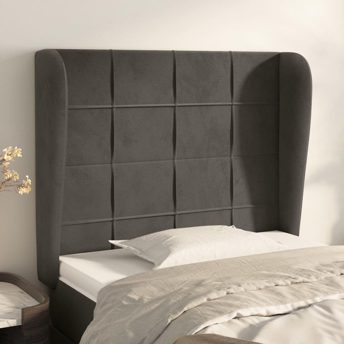 Hoofdsteun met oren, donkergrijs, 93 x 23 x 118/128 cm, fluwelen hoofdeinde voor slaapkamer, slaapkamermeubilair, hotels