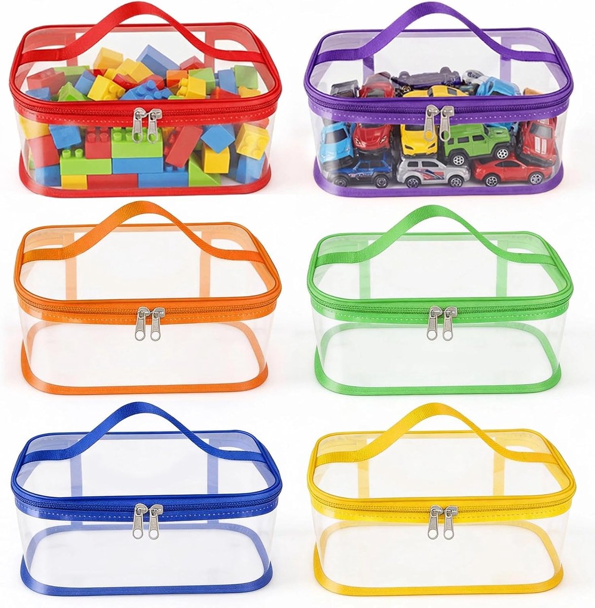 6 stuks PVC speelgoed opbergzakken met handgrepen voor kinderen 9,1 x 6,7 x 3,9 inch reizen toilettas waterdichte speelgoed opslag organizer zakje met rits voor bouwstenen puzzel (B)