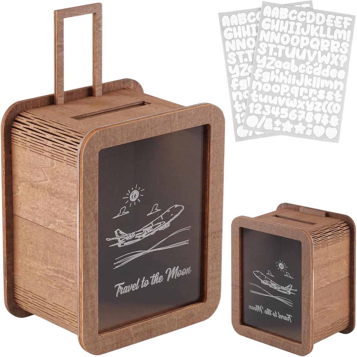 Houten spaarpot met reisstickers, creatieve spaarpot