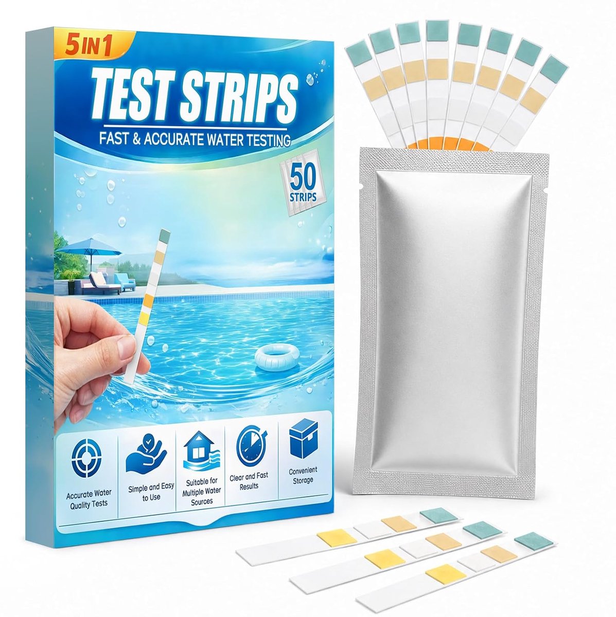 5-in-1 zwembadteststrips, 50 strips voor eenvoudige en nauwkeurige watertests; test op pH-waarde, alkaliniteit, vrij chloor (broom), totaal chloor en waterhardheid, ideaal voor zwembaden, whirlpools