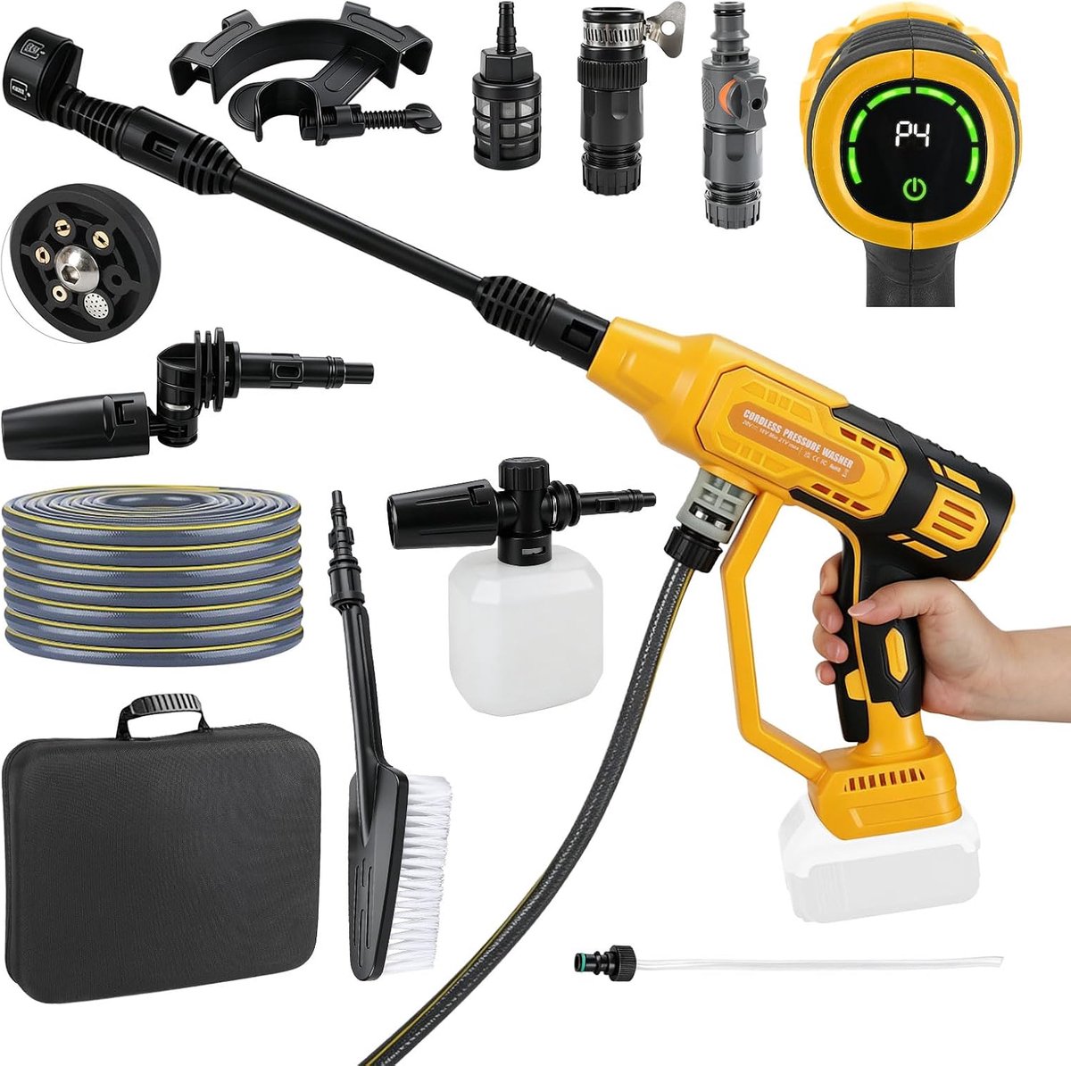 Hogedrukreiniger compatibel met Dewalt 20 V, 20000 RPM 986 PSI borstelloze handheld autowasmachine met 6-in-1 mondstuk 4 niveaus snelheid voor het reinigen van autovloeren hekken muren (geel