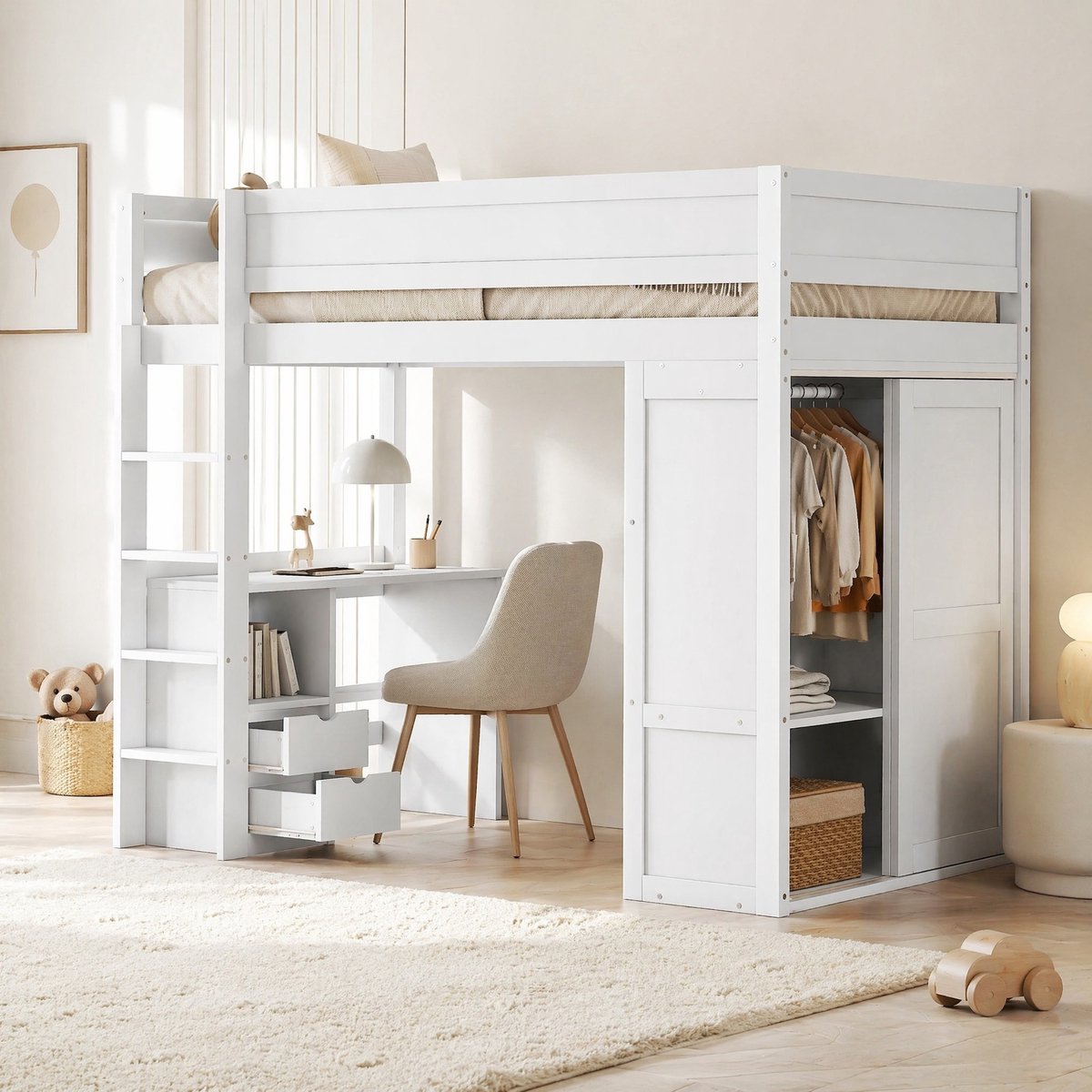 WUVRIE Hoogslaper 90x200 cm met bureau, kledingkast, 2 lades en ladder, kinderbed wit