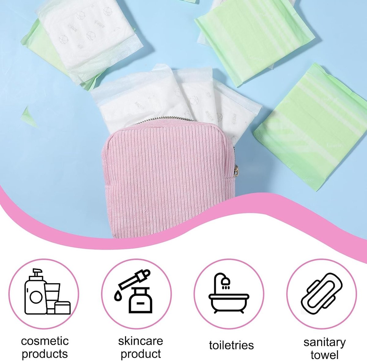 Opbergtas voor Sanitaire Maandverbanden - Zachte Corduroy Toilettas voor Vrouwen en Meisjes - Compact en Handig in Roze