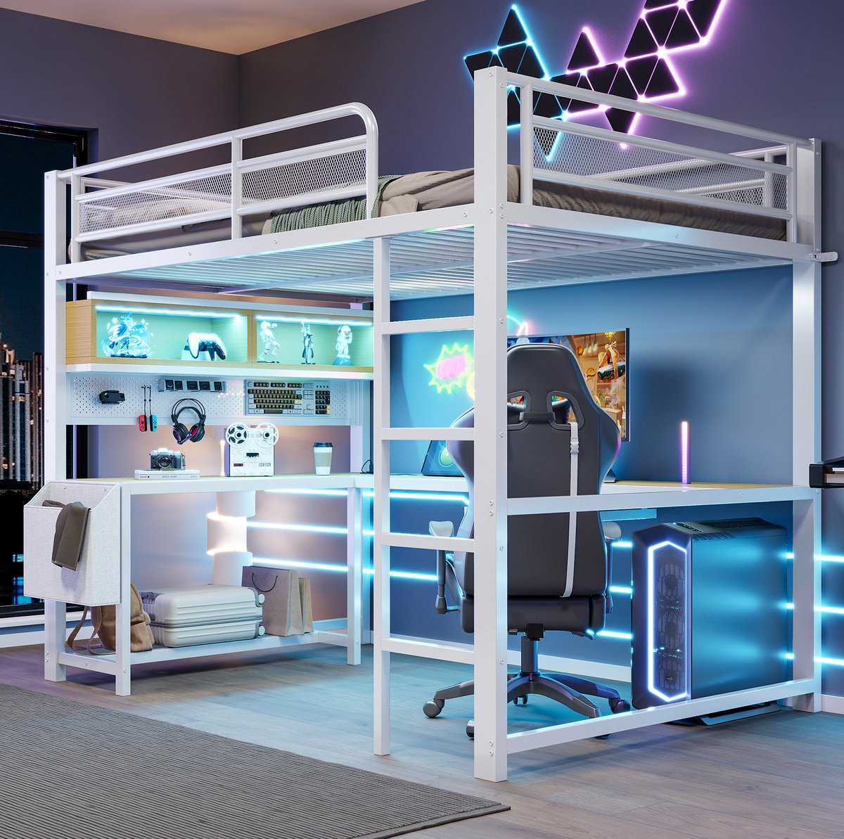 WUVRIE Hoogslaper 140x200 cm met bureau, opbergruimte, LED-verlichting en laadstation, wit