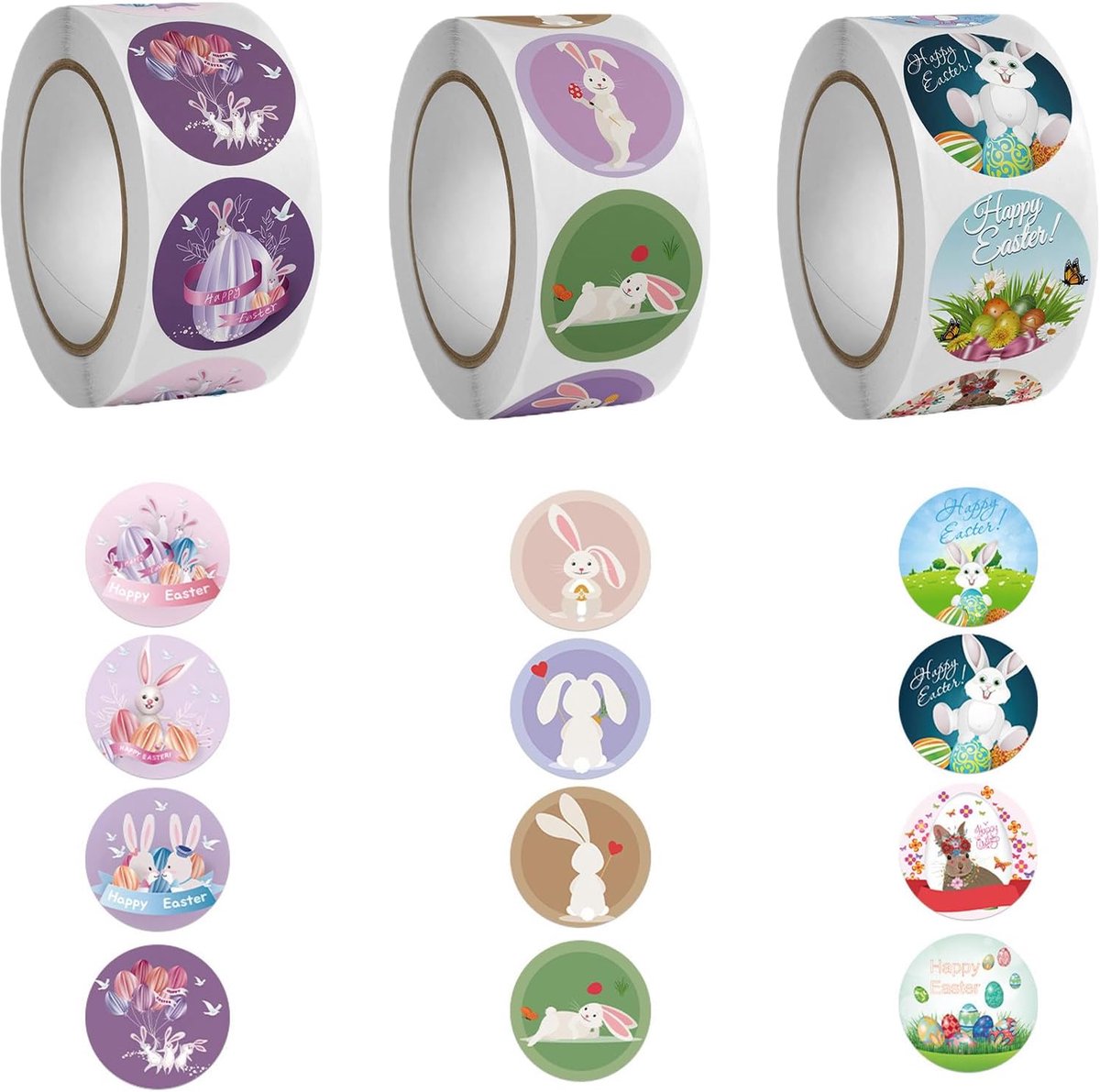 1500 Paasstickers, Ronde Waterdichte Paasornamenten, Paashaasstickers, Paasstickers voor Kaarten, Scrapbooking, Enveloppen, Geschenken (3 Rollen)