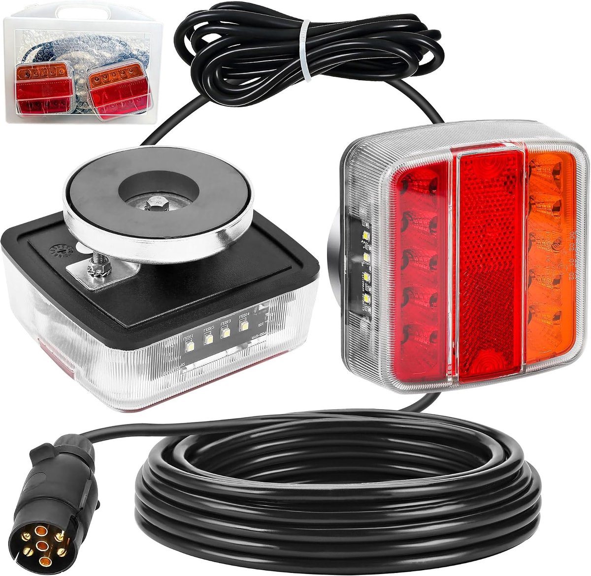 Achterlichten voor Aanhangwagen Magnetische Met Kabel Stekker 7 Polig/7,5m + Pennen Draagbare Koffer, E4 ECE IP67 12V/24V, 5-in-1 Amber Aanhangerverlichting voor Vrachtwagen, Caravan