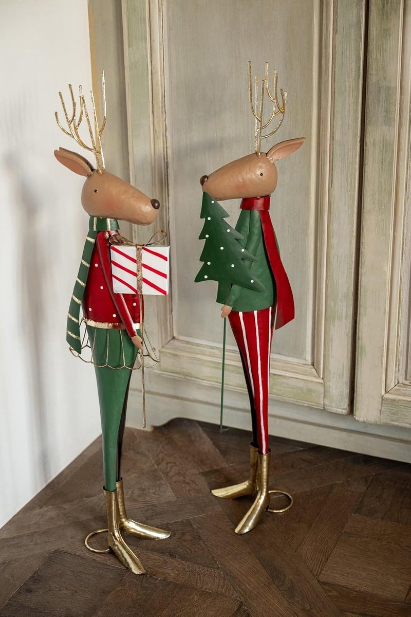 Rendier dennenboom en cadeau - metaal - kerstrood/donkergroen - 2 stuks