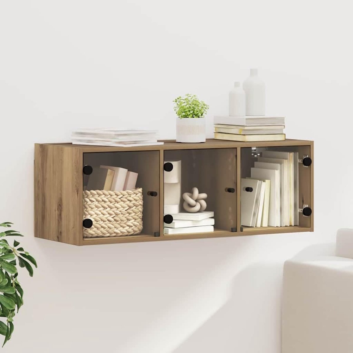 Artisan Eiken 102 x 37 x 35 cm Bewerkt Hout Muurkast met Glazen Deuren en Verstelbare Planken Woonkamer Moderne Opbergkast Stofvrij Ruimtebesparend Zwevend