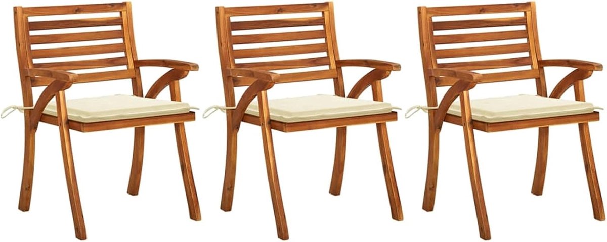 Set van 3 eetkamerstoelen voor de tuin, met kussens, zitvlak voor terras, binnenplaats, buitenmeubels, massief hout, acaciahout, 59 x 59 x 87 cm, crème
