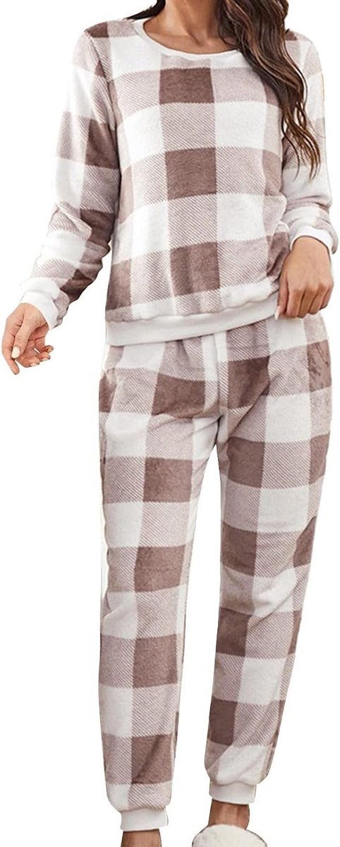 Pyjamaset voor dames, 2-delig, verdikt, warm, flanel, lang, pluche, winternachtkleding, fleece, tweedelige nachtkleding