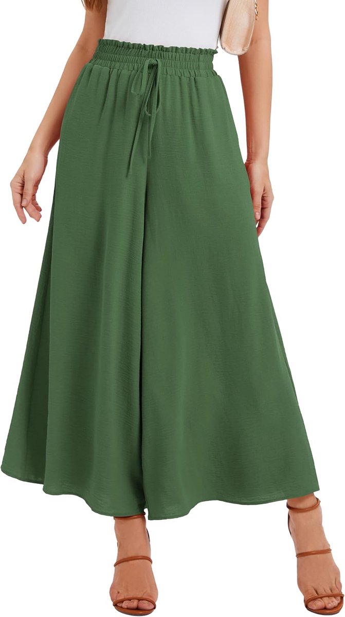 Pantalon voor Dames Zomer Elastische Hoge Taille met Trekkoord Luchtig Palazzo Broek Met 2 Zakken Voor Dagelijks Gebruik & Vrije Tijd