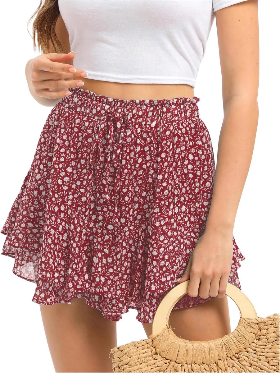 Broekrok voor dames, shorts, zomer, chiffon, rok, hoge taille, dubbellaagse ruches, licht, strandrok, vakantie, korte zomerrok
