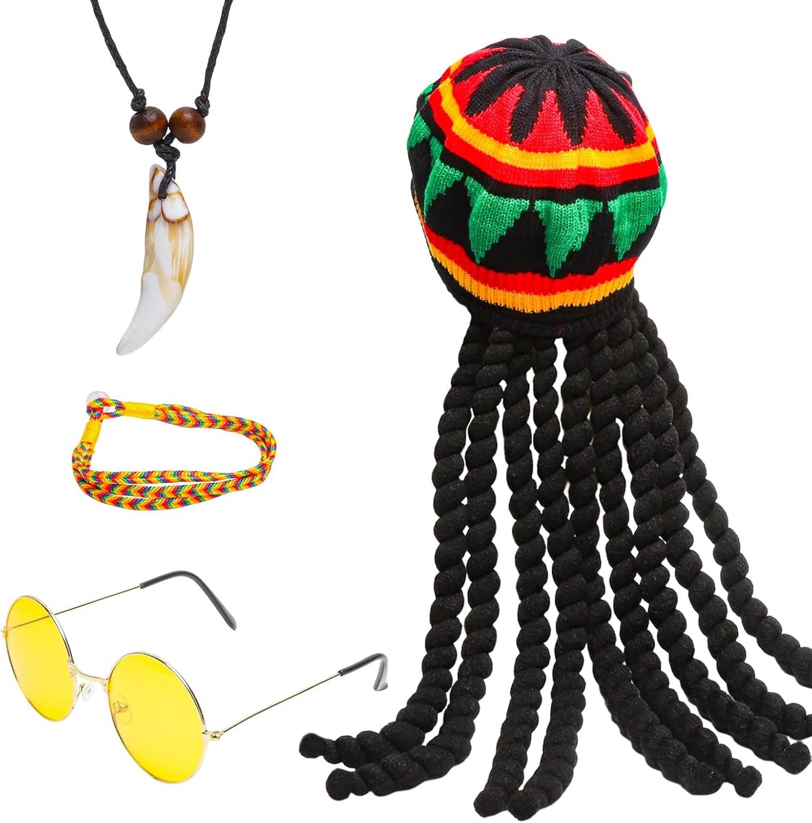 4 stuks mutsen rasta-dreadlocks, rasta-pruik, Jamaicaanse stijl, grappige mutsen met dreadlocks-pruik, muts met haar, grappig kostuum, maskerade kostuumaccessoires voor cosplay