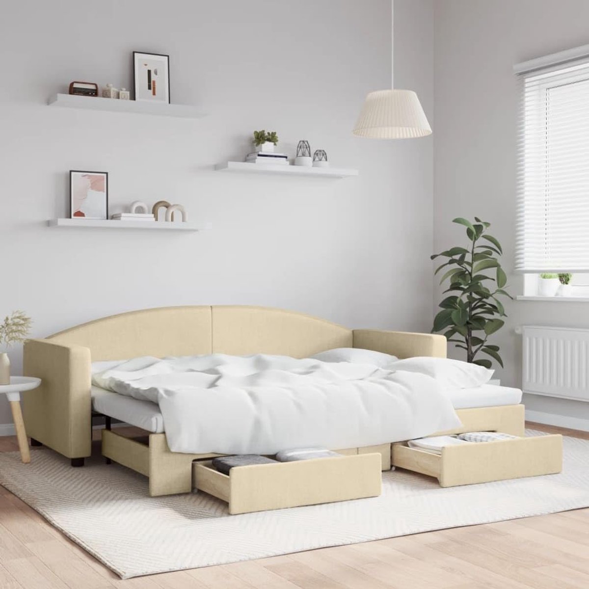 Dagbed met schuifladen in crème 80x200 cm stoffen bekleding – 2-in-1 slaapbank als bank en tweepersoonsbed met opbergruimte en rolkast voor gasten
