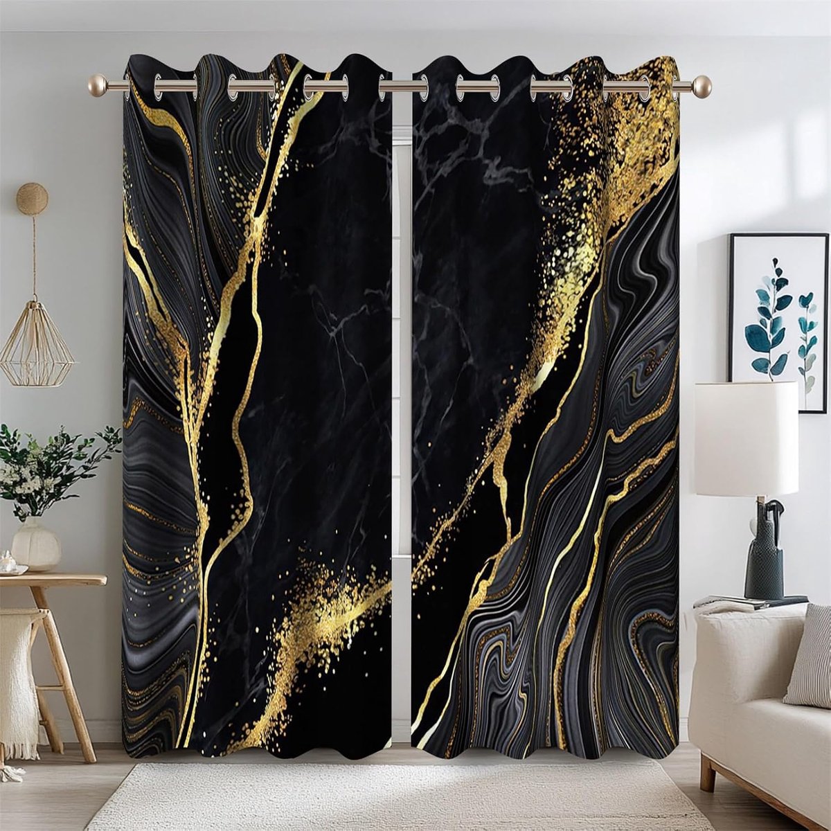 117x229cm Zwart Marmer Verduisterende Gordijnen voor Slaapkamer Luxe Zwart Goud Vloeibare Textuur Kamer Verduisterende Gordijnen Moderne Abstracte Kunst Thermisch Geïsoleerde Gordijnen 2