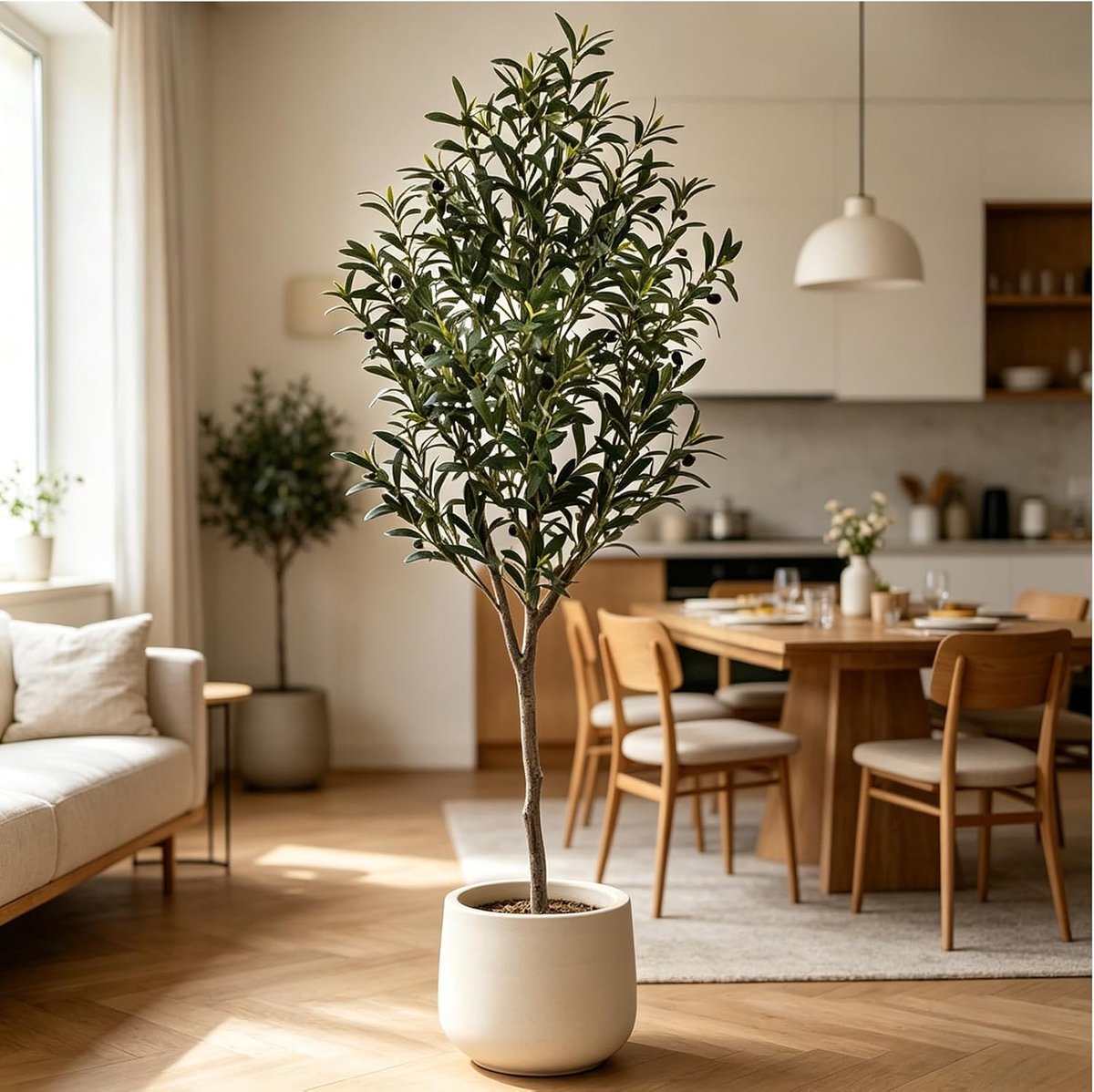 Kunstmatige olijfboom met plantenbak, realistische kunstzijde plant met houten stam en levensecht fruit, hoge nepolijfboom in pot voor thuiskantoor woonkamer decor
