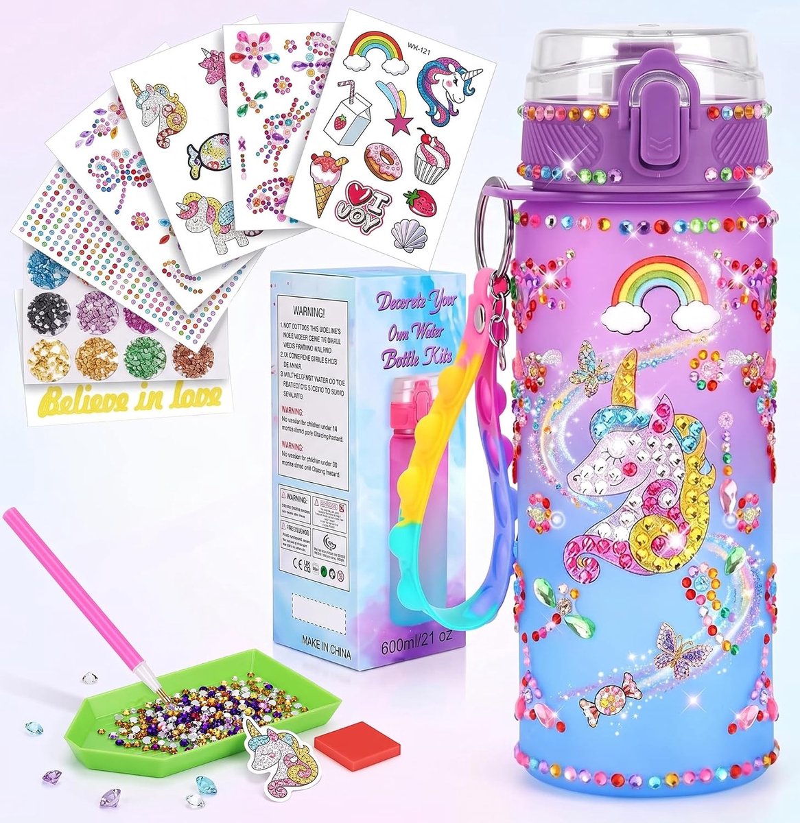 Cadeaus voor meisjes van 5, 6, 7, 8, 9, 10 jaar, doe-het-zelf flesjesset voor kinderen, 8, 10, 11 jaar, DIY waterfles, knutselen, diamant