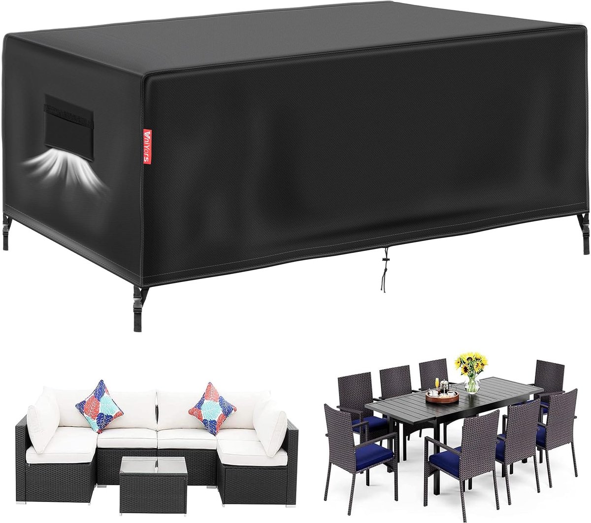 Famanu Afdekking voor tuinmeubelen, winterbestendig, 420d Oxford tuinmeubelen, waterdicht, beschermhoes, voor tuintafels, terrasmeubels, 150 x 150 x 74 cm, zwart