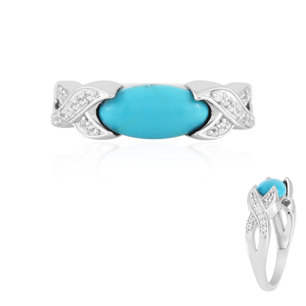 Cavill - Zilveren Ring met Ovale Turkoois 1,24 ct - 925 Sterling Zilver met Platina Coating - 22 Zirkonia Rondgeslepen - Elegante Sieraden