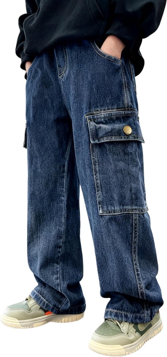 Jeans voor jongens, brede pijpen, elastische taille en meerdere zakken, cargobroek jeans voor kinderen