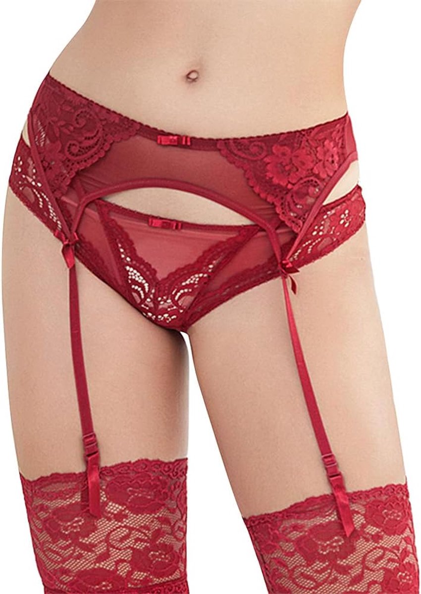 jarretelgordel van kant voor dames, met grote strik, lingerieset voor dames met 4 verstelbare riemen voor kousen, kousenhouders van transparant mesh, ondergoed met hoge taille voor dames