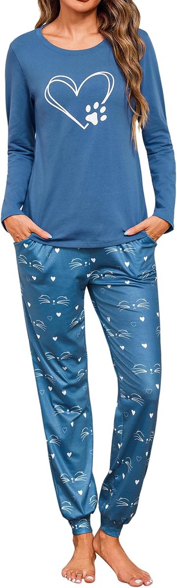 Katoenen Pyjamasets met lange mouwen, dames, nachtkleding met ronde hals, top met kattenprint en pyjamabroek