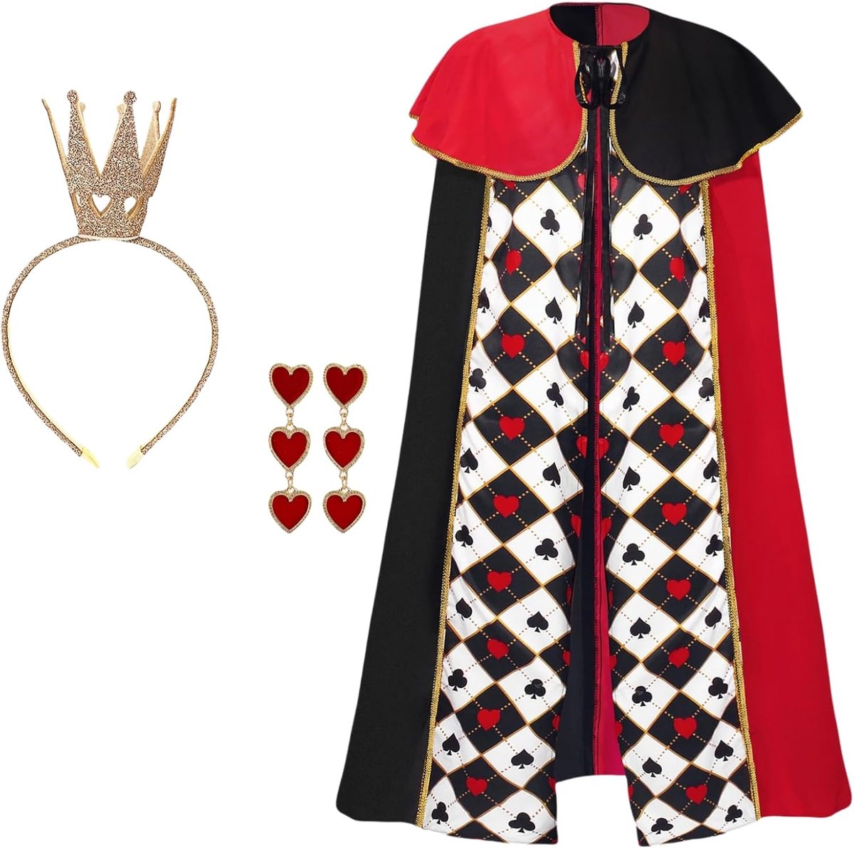 Koninginnenkostuum voor dames, 3 stuks, hartvormige koningin outfits, cape, hoofdband, oorbellen, verkleedkleding voor Halloween, cosplay party