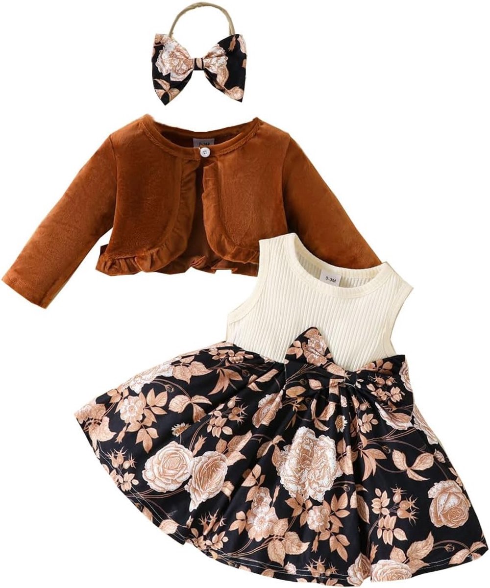 Meisjesjurk met bloemenprint + lange mouwen, gebreide jas, 3-delig