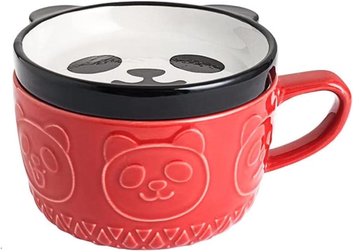 Keramische panda koffiemok met deksel, panda koffiemok theekopjes, grappige nieuwigheid ontbijtbeker, thuis paar melk ontbijtmok waterbeker (rood)