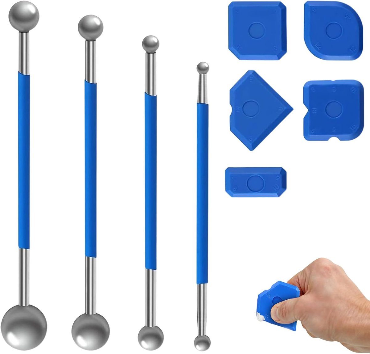 afwerkset siliconen kitgereedschap 9-delig – 5 siliconen afwerkhulpen + 4 metalen kogelkop schrapers – herbruikbare voegenkit set voor badkamer keuken wand
