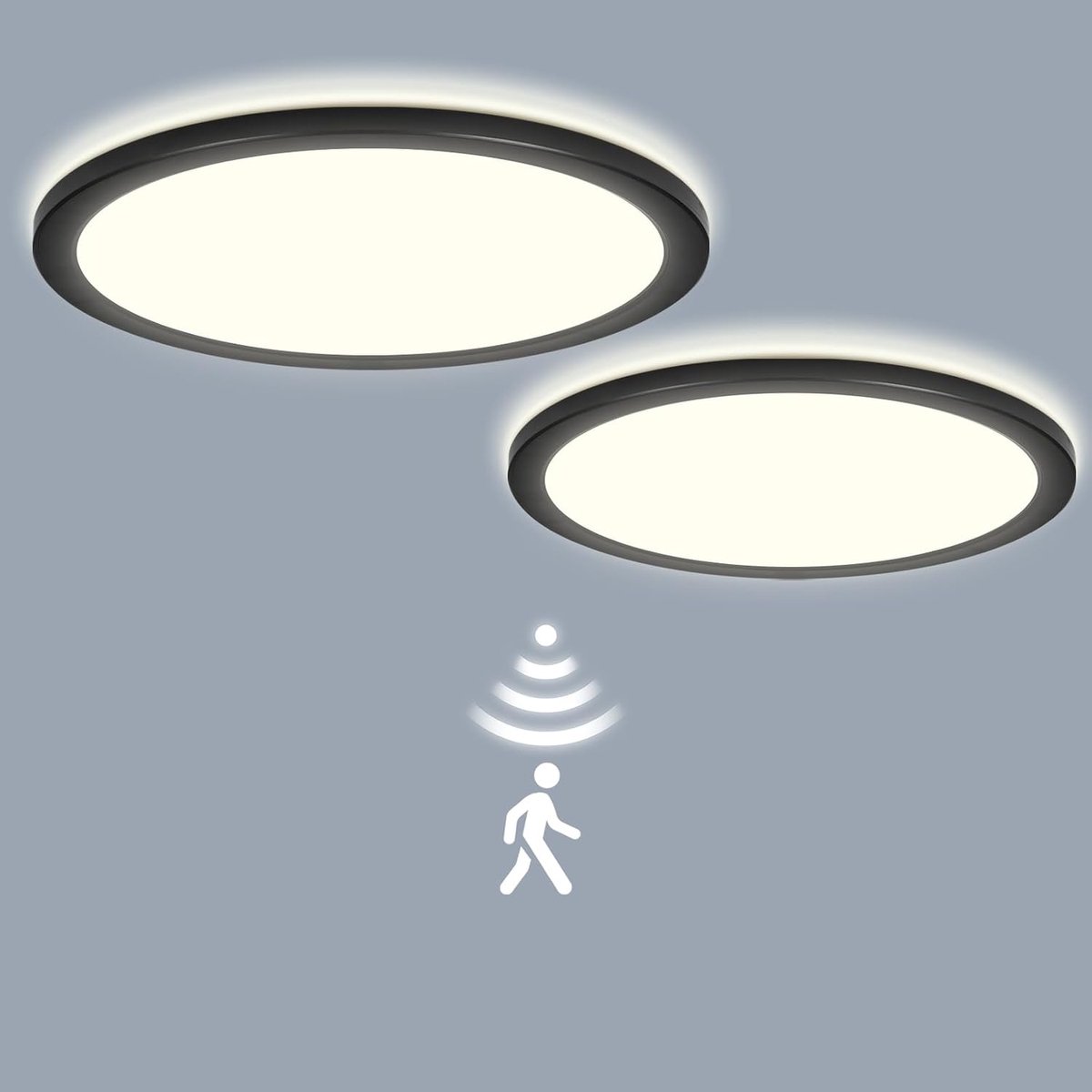 2PCS LEZOE LED plafondlamp met radar bewegingsmelder, 24W 2650lm plafondlamp plat met afstandsbediening, bewegingssensor, voor badkamer, hal, trap, toilet, garage, kelder, balkon Ø30x2.5cm Rond zwart