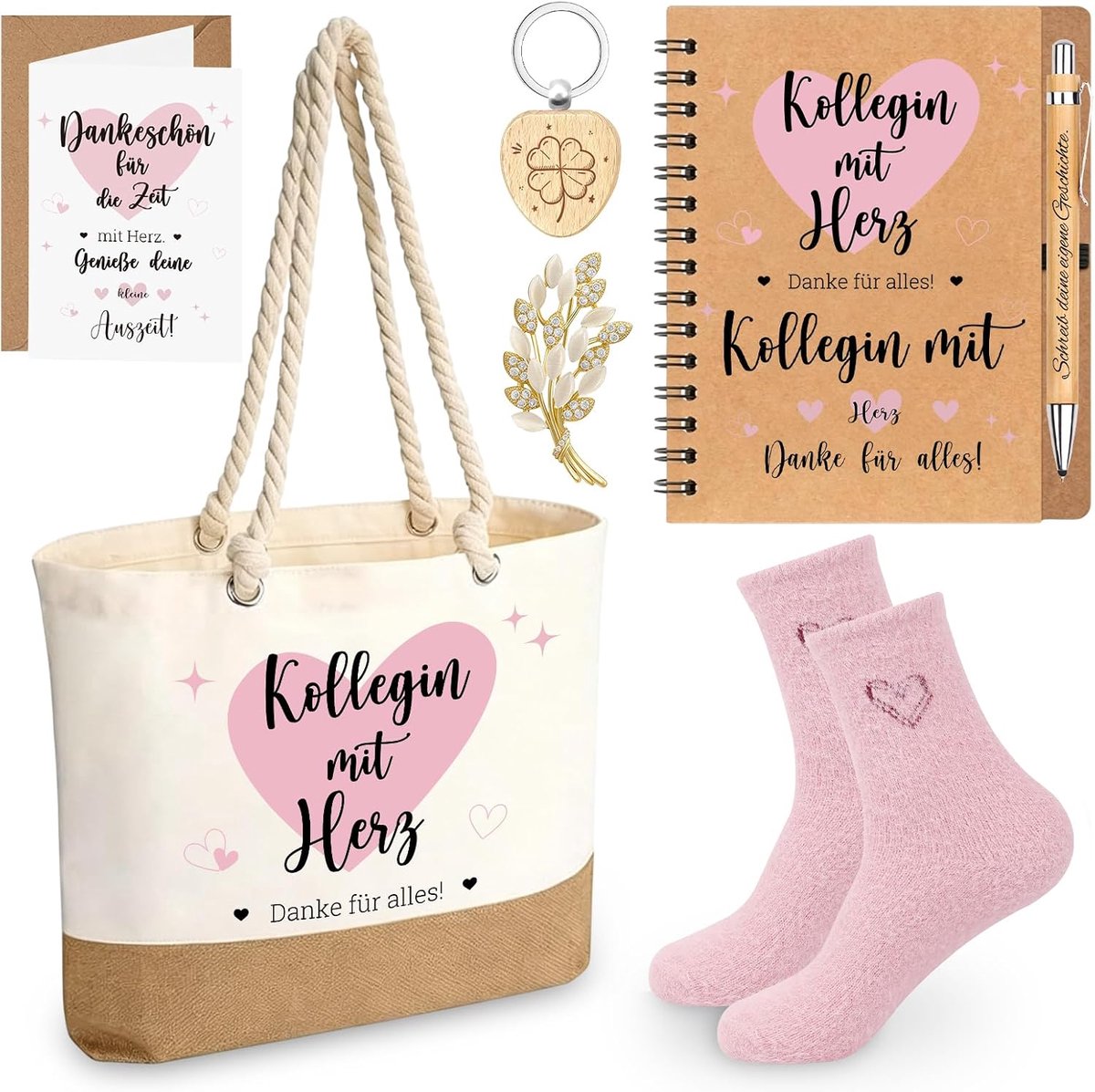 Cadeau voor collega's, afscheidscadeau, pensioencadeau, inclusief stoffen zak, sokken, broches, notitieboeken, sleutelhanger voor cadeau-ideeën, pensioen, cadeau voor vrouwen