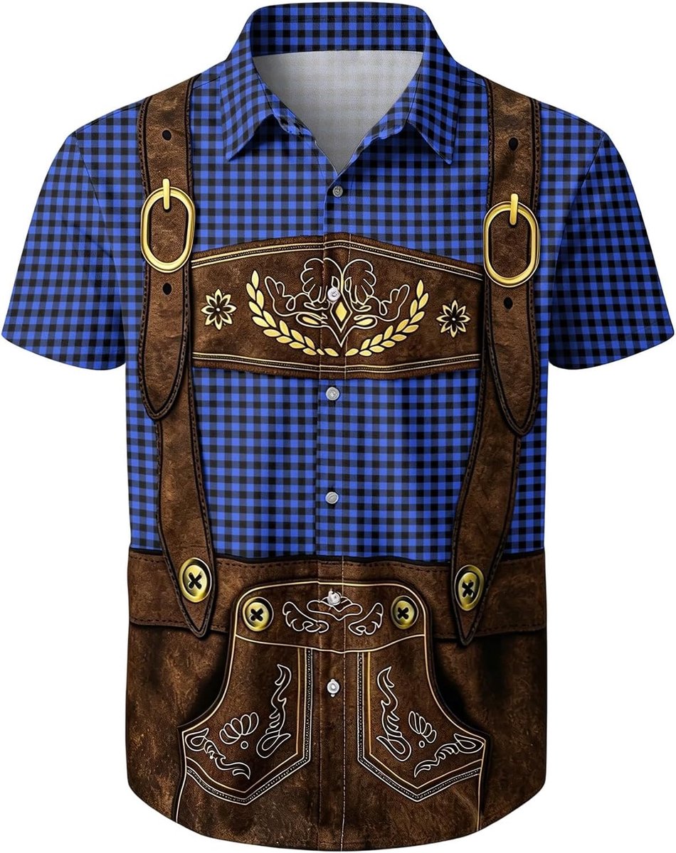 Generisch Trachtenhemd Herren 3D Drucken Bierfest Hemd Oktoberfest Herren Outfit Lässig Button Down Kariertes Hemd Kurzarm Locker Retro Tops Atmungsaktiv Sommer Bayerisches Oberteil