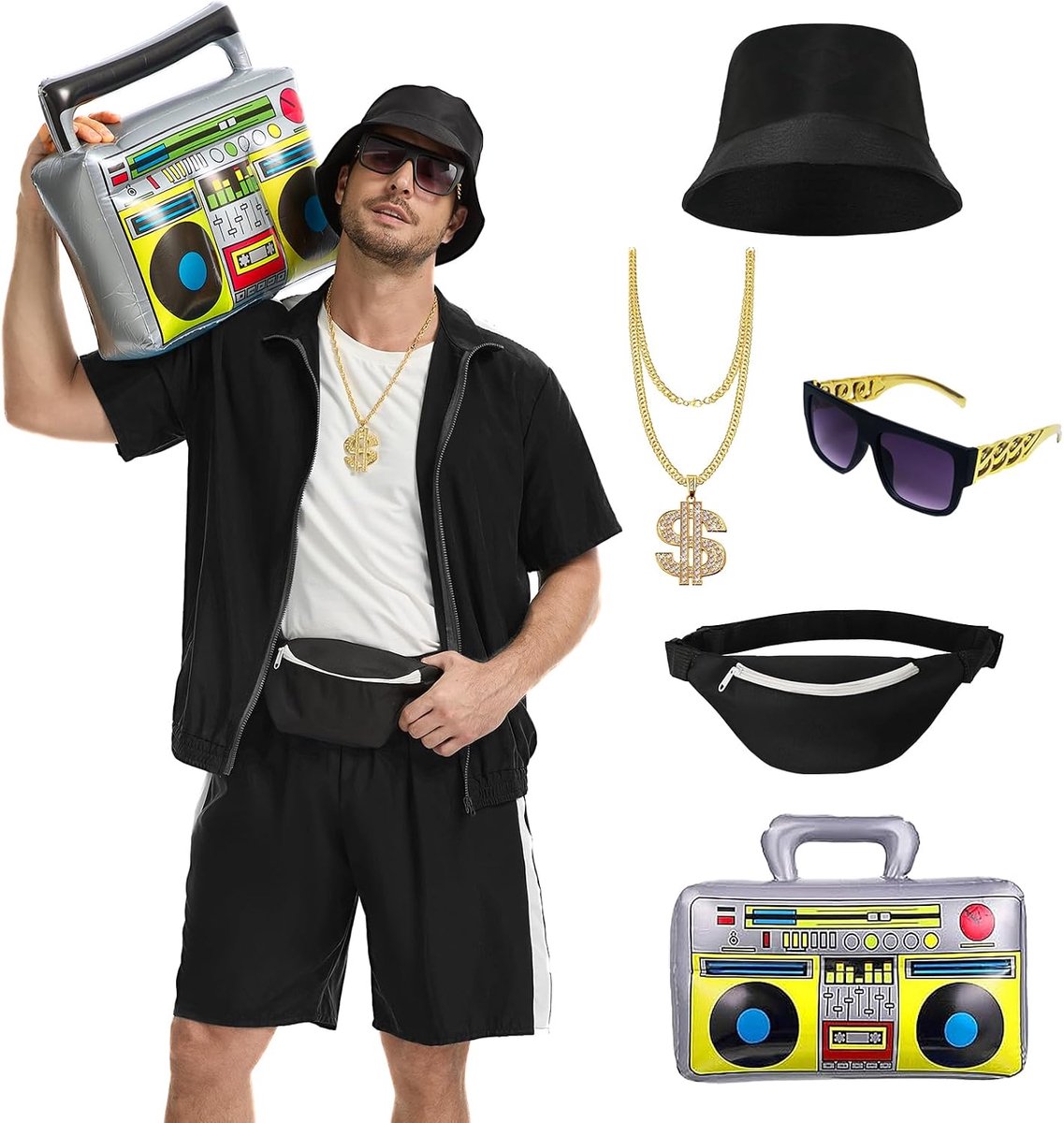 Rapperkostuumset voor heren en dames, jaren 80 en 90 - hiphop, old school trainingspak, pak voor themafeest, Halloween, carnaval