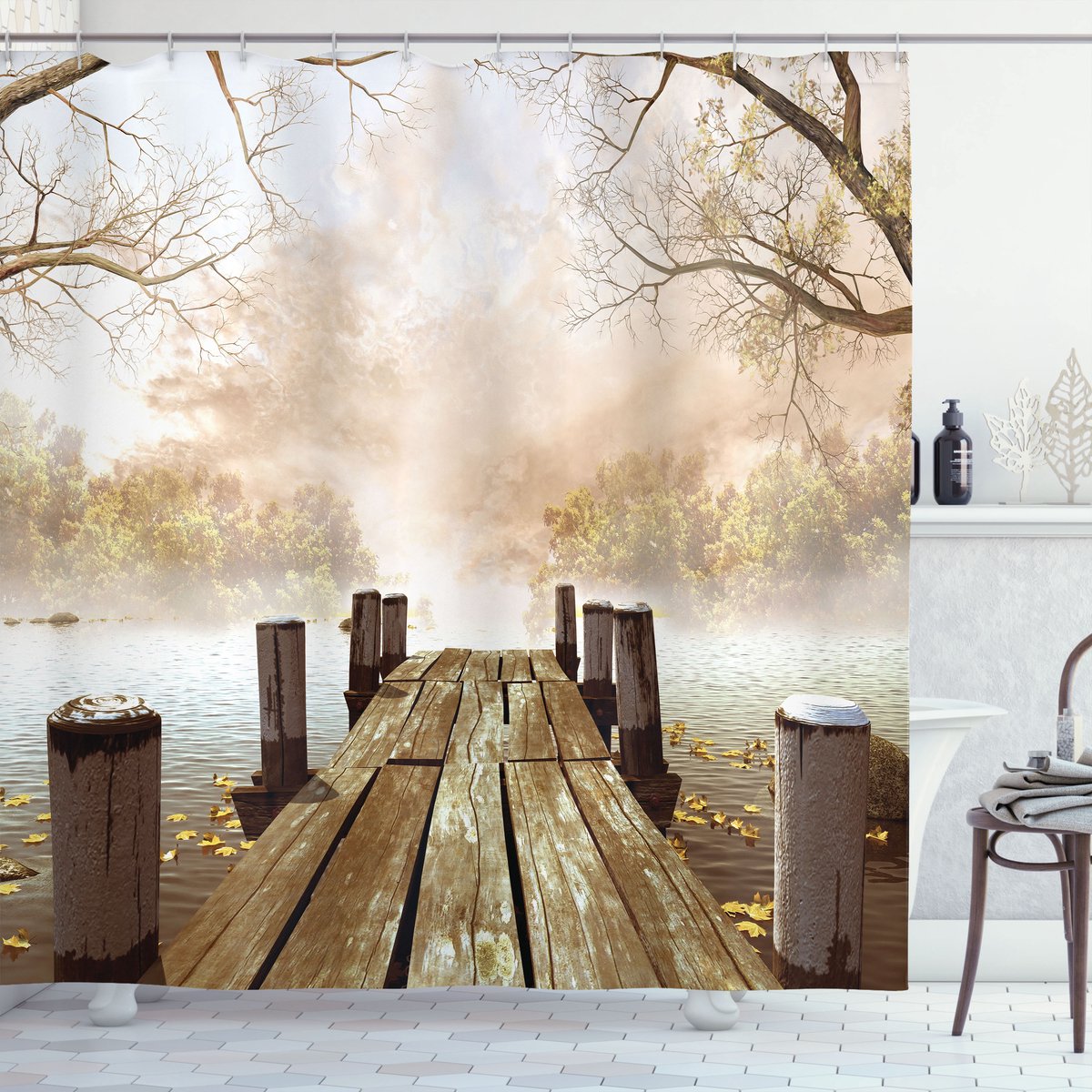 ABAKUHAUS Herfst Douchegordijn, Fall Zee in Bos, Stoffen Badkamerdecoratieset met Haken, 175 x 240 cm, Lichtbruin Groen Lichtbruin