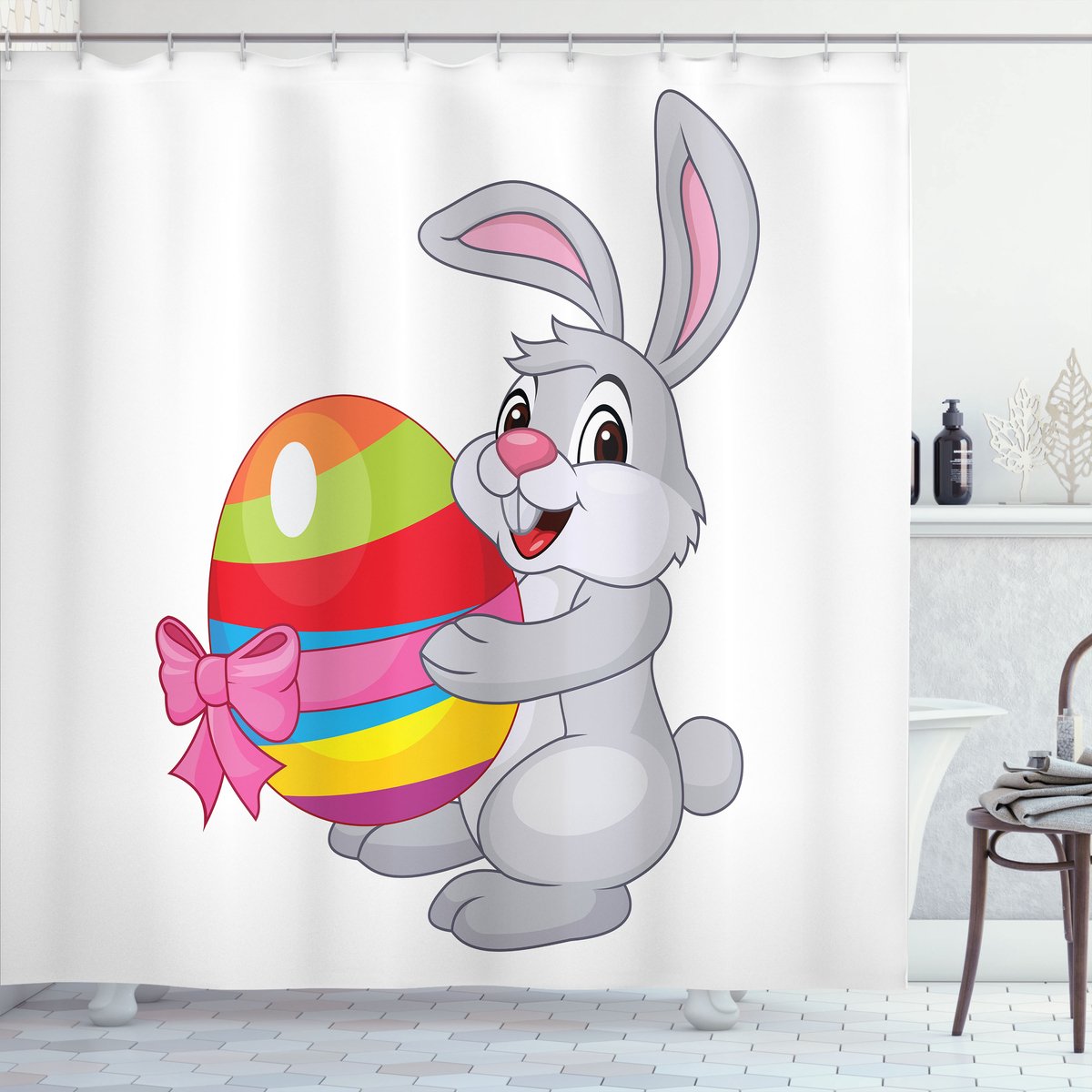 ABAKUHAUS Ostern Douchegordijn, Cartoon-Konijn, Stoffen Badkamerdecoratieset met Haken, 175 x 180 cm, Meerkleurig