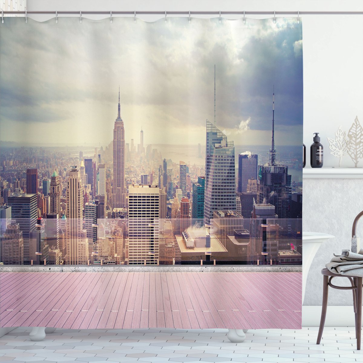ABAKUHAUS Landschap Douchegordijn, New York USA Roof Uitzicht, Stoffen Badkamerdecoratieset met Haken, 175 x 200 cm, Wit Grijs Roze