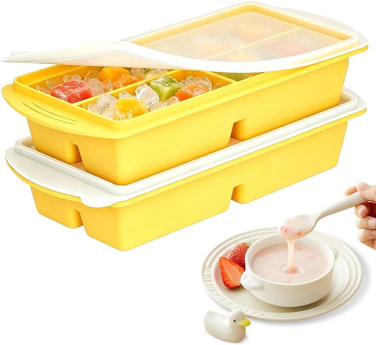 Cubes Siliconen vriesvorm met deksel, 4 gaten, voor soep, invriezen, 250 ml siliconen vriesvak, soepen, vriesdoos, grote ijsblokjesvorm voor soep, bouillon, saus (geel)
