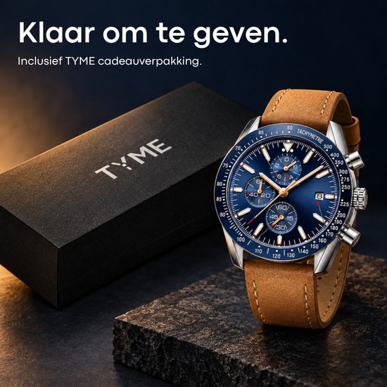 TYME Florence chronograaf naast een zwarte TYME cadeauverpakking op een donkere ondergrond.
