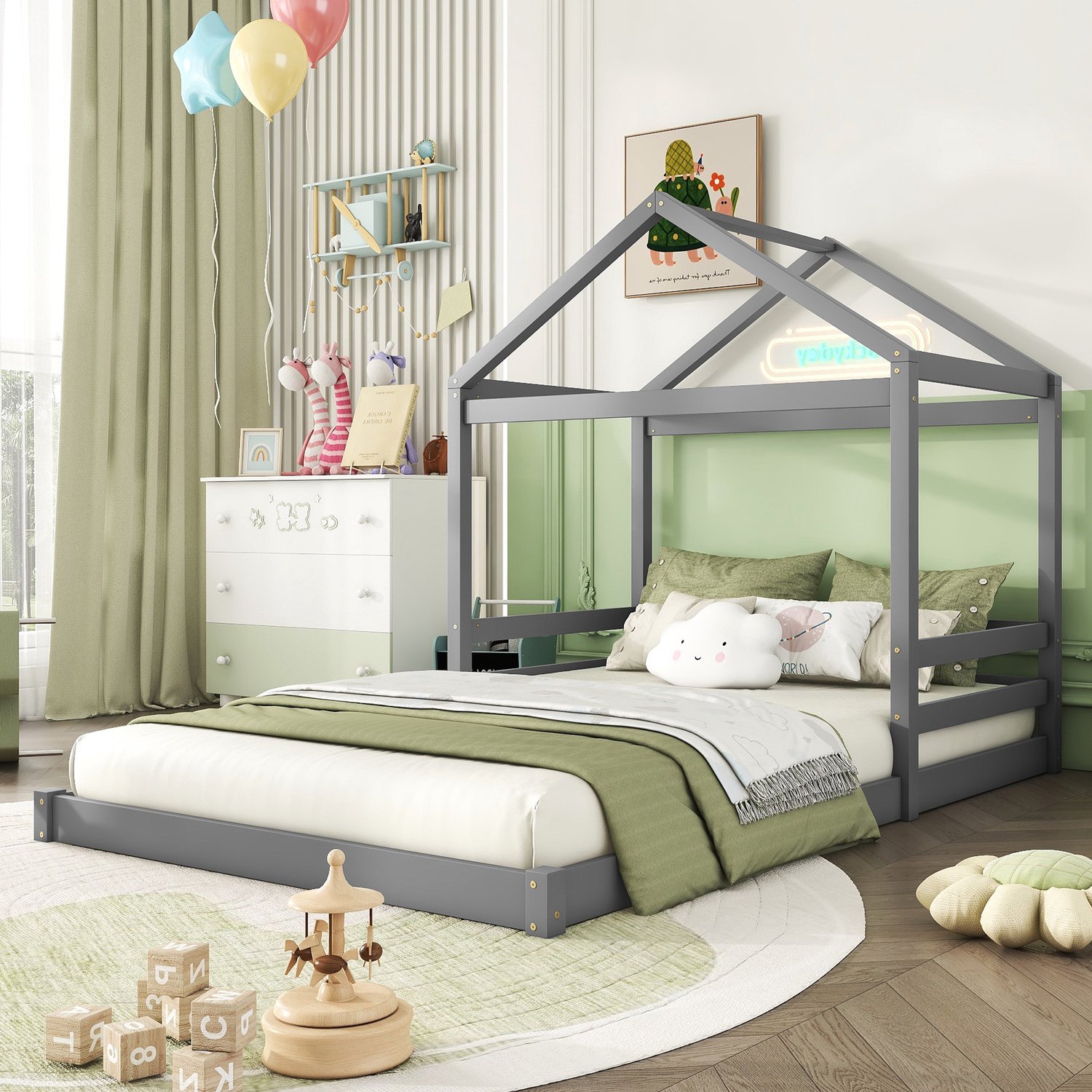 Zubaliya Kinderbed in huisvorm - 140 x 200 cm - Grijs - grenenhout - Lattenbodem