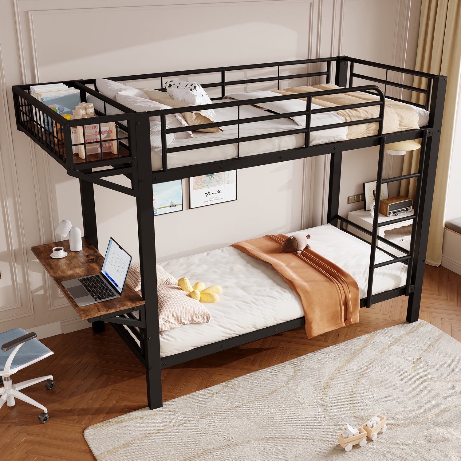 Zubaliya Stapelbed - 90 x 200 cm - Zwart - metaal - Bureau - Opbergruimte