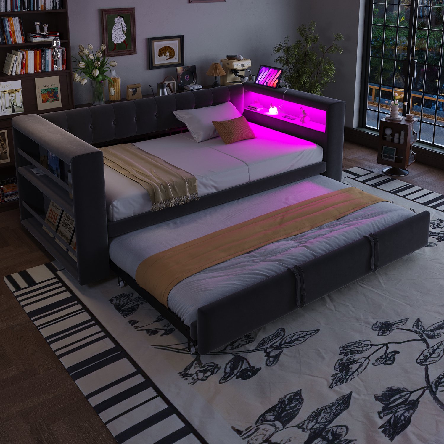 Zubaliya Dagbed - 90 x 190 / 180 x 190 cm - Donkergrijs - flanel - LED-verlichting - Stopcontact - Opbergruimte