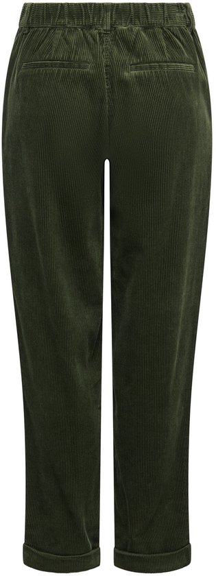 Donkergroene corduroy broek met hoge taille, riemlussen en opgestikte achterzakken.