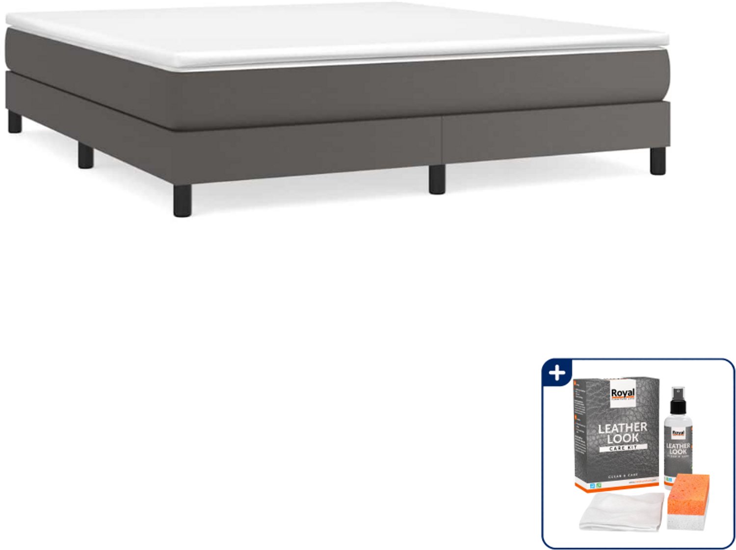 vidaXL boxspring bed Kingsize - 180 x 200 cm - kunstleer - grijs - Inclusief onderhoudsset voor kunstleer 150 ml